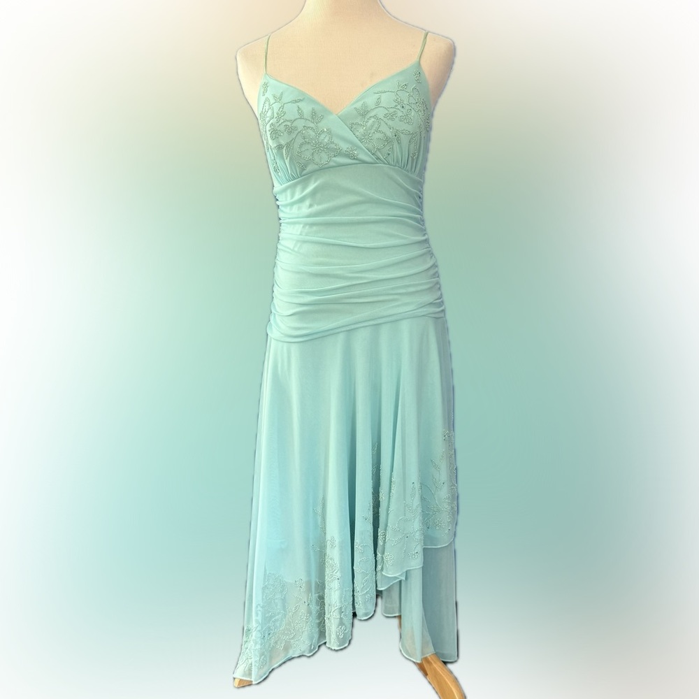 Y2K Trixxi Fairy Asymmetrical Ruched Beaded Light Blue Midi Dress (M)